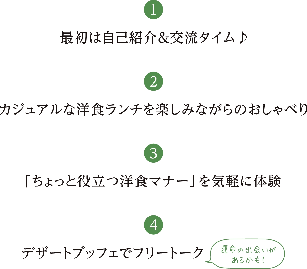 （1）最初は自己紹介＆交流タイム（2）カジュアルな洋食ランチを楽しみながらのおしゃべり（3）「ちょっと役立つ洋食マナー」を気軽に体験（4）デザートブッフェでフリートーク